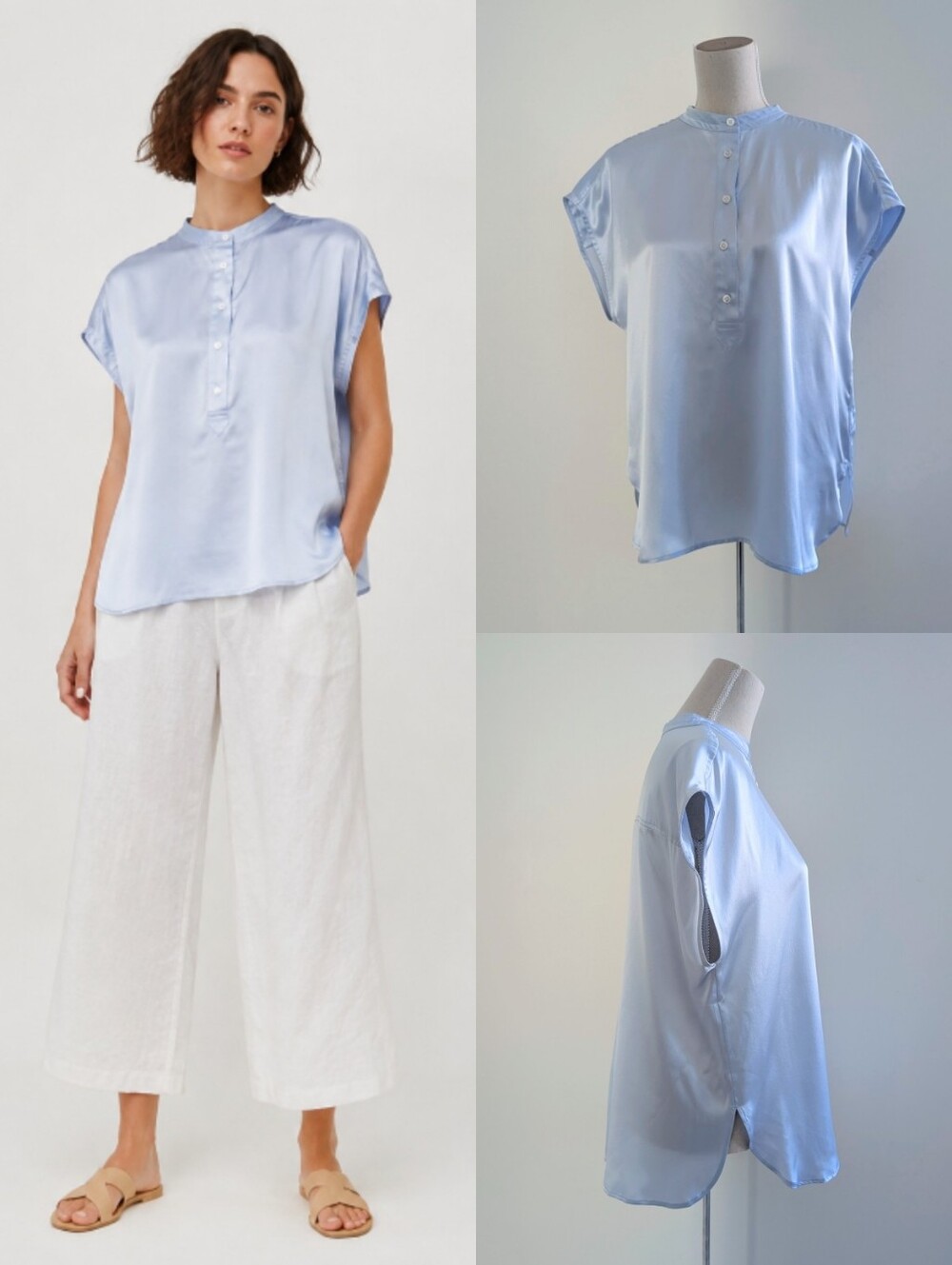 Like New Silk Banana Republic Light Blue Short-Sleeve Button Popover Blouse